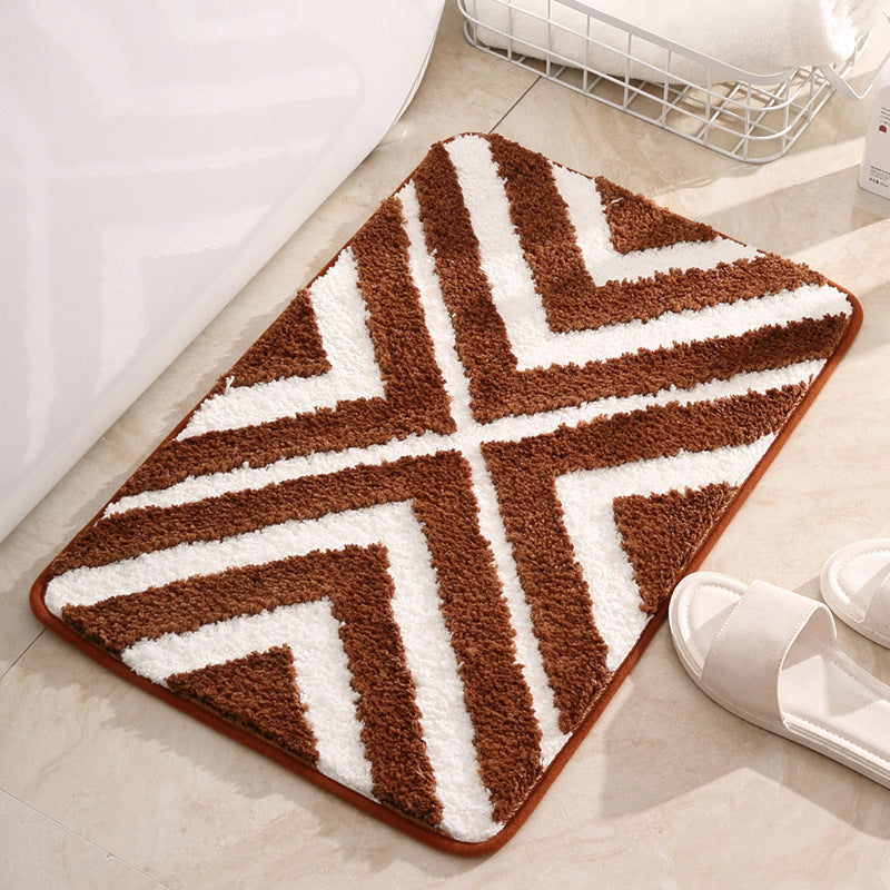 Tufted door mat placed at a living room entrance with modern décor and soft natural lighting

