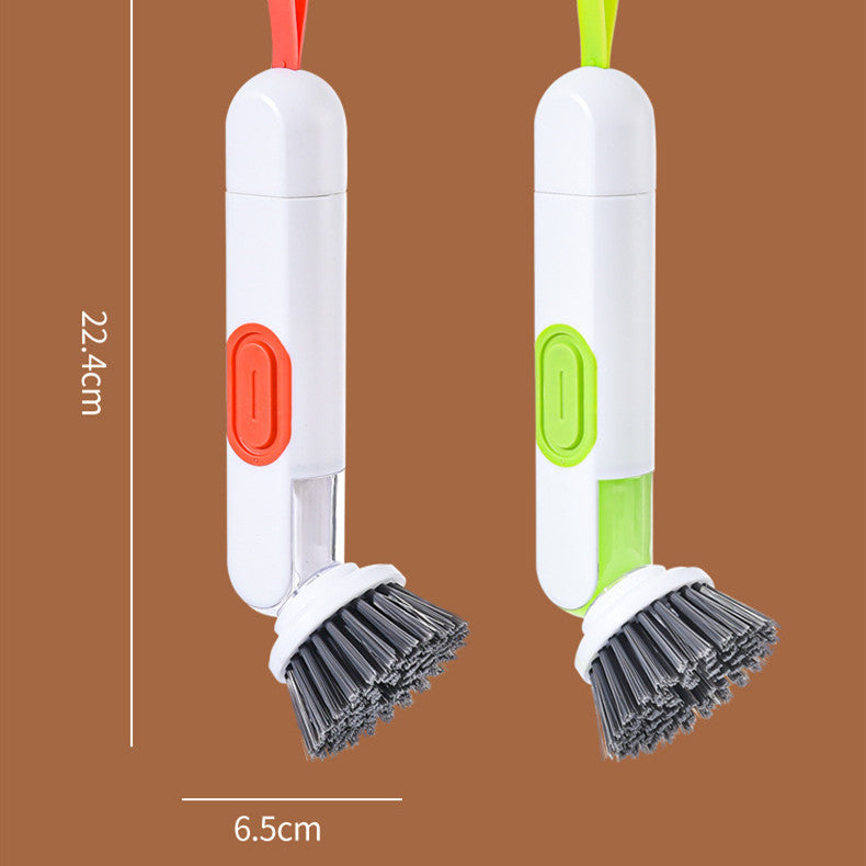 Multi-functional kitchen cleaning brush with long handle and liquid dispenser.