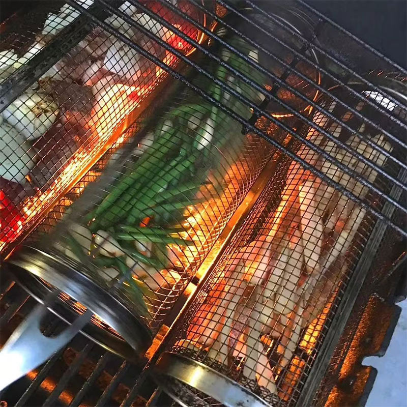 Portable rolling grilling basket for BBQ and outdoor cooking.