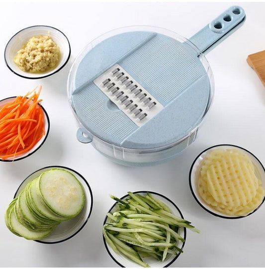 Premium 8-in-1 Mandoline Slicer with peeler and strainer for vegetables.