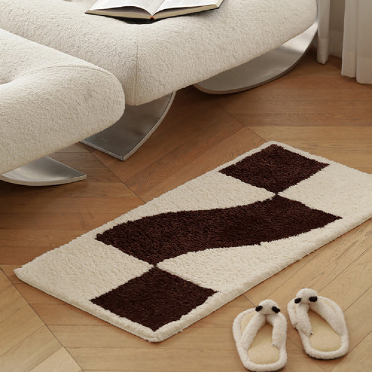 Checkered flocked home carpet in a minimalist living room with a soft grey and white pattern

