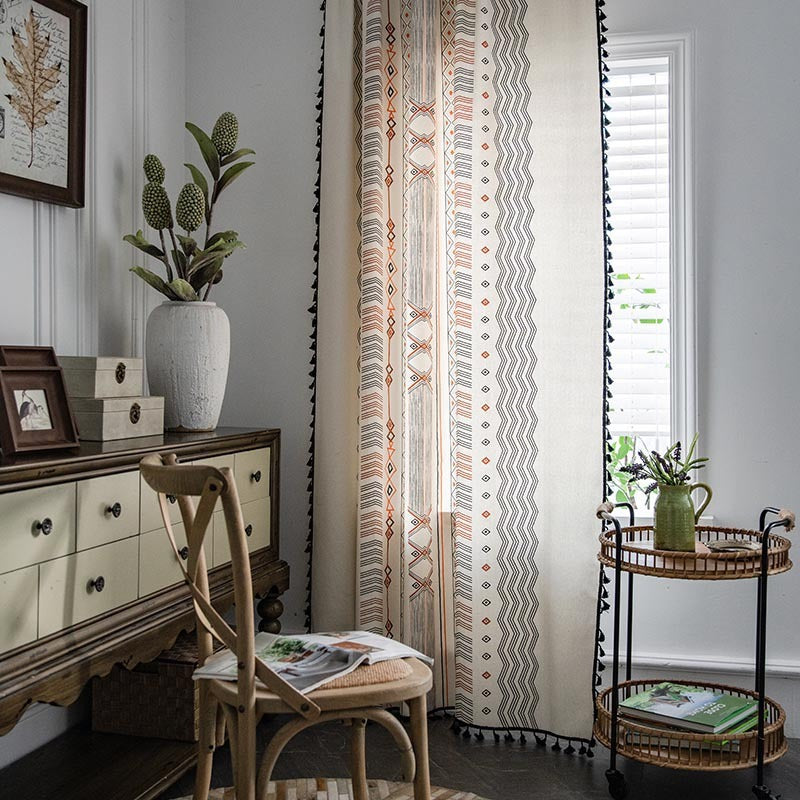Boho cream cotton and linen sun shade curtain fabric for modern home décor.