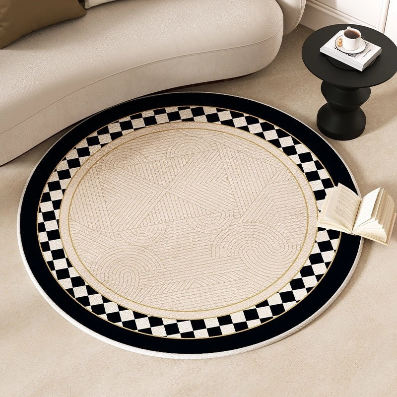 Cashmere-like round carpet placed at a home entrance with a cozy and welcoming look

