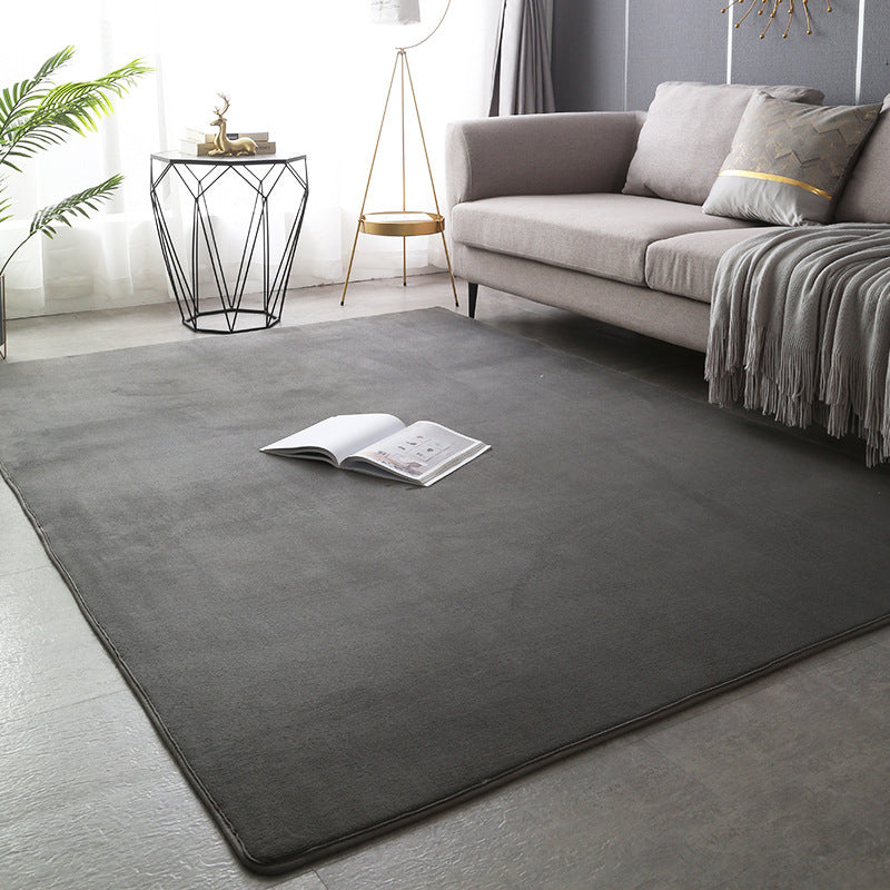 Modern minimalist coral fleece carpet in a bright living room with neutral-toned furniture and natural light

