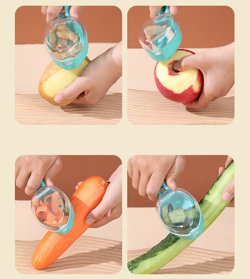 Premium fruit and potato peeler with storage lid for clean peeling.