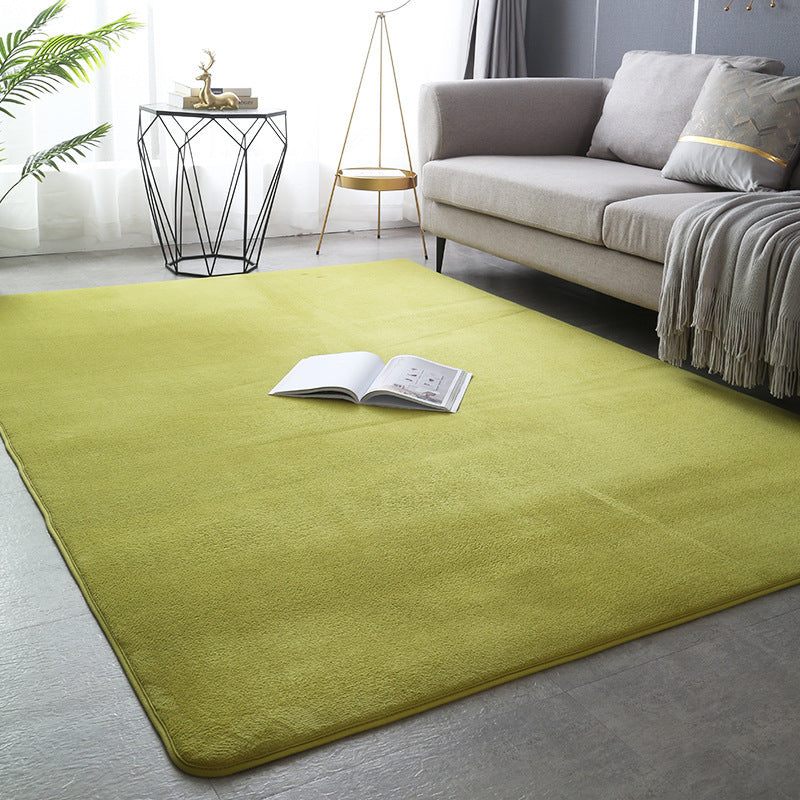 Modern minimalist coral fleece carpet in a bright living room with neutral-toned furniture and natural light

