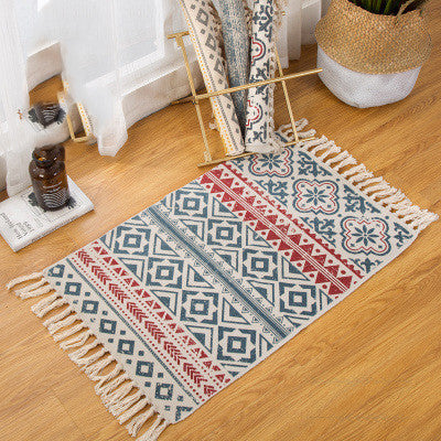 Bohemian style American floor carpet with colorful patterns in a cozy living room setup

