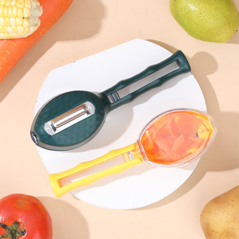 Premium fruit and potato peeler with storage lid for clean peeling.