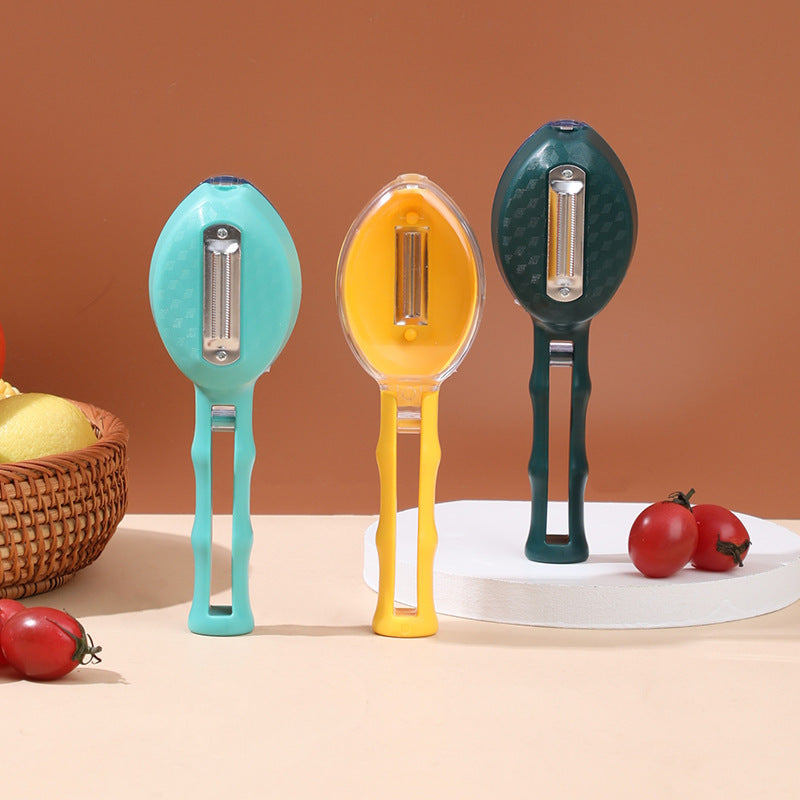 Premium fruit and potato peeler with storage lid for clean peeling.