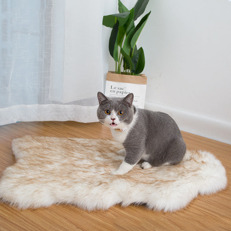 Plush carpet floor mat placed in a bedroom near the bed on a wooden floor

