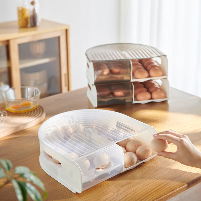 Stackable U-shaped egg storage box with multi-layer kitchen organizer design.