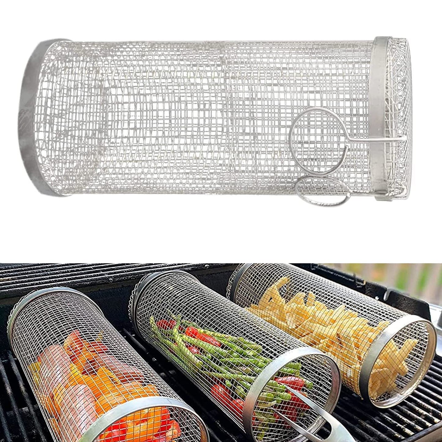 Portable rolling grilling basket for BBQ and outdoor cooking.