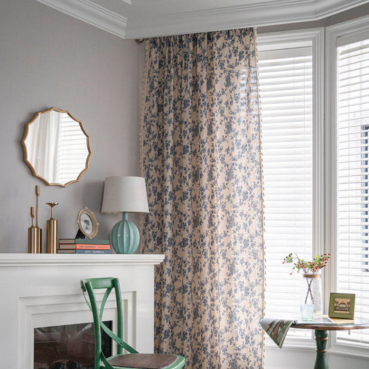 Cotton & Linen Printed Kitchen Curtain with Beige Tassels – Half Shade for Small & Bay Windows - AVENWU