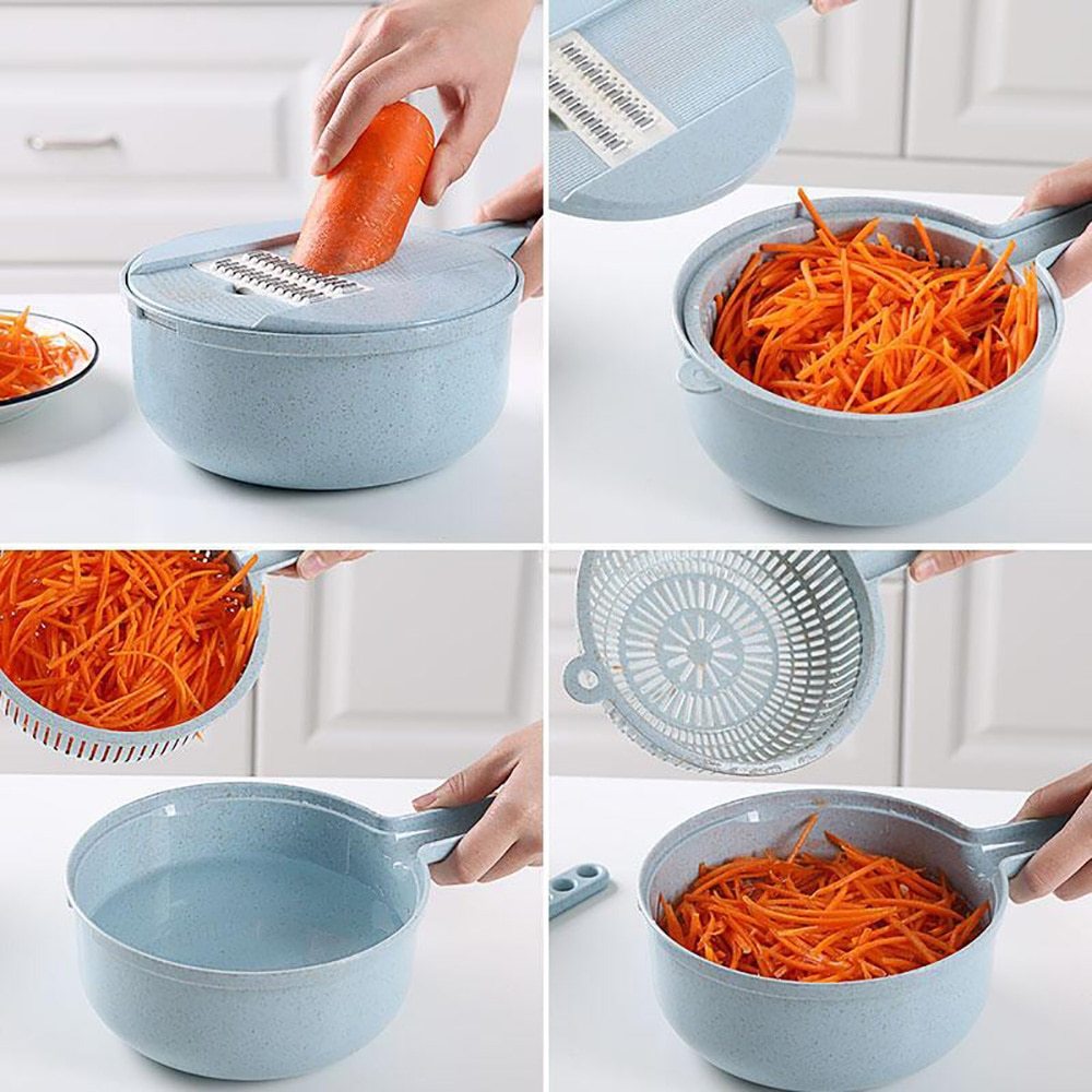 Premium 8-in-1 Mandoline Slicer with peeler and strainer for vegetables.