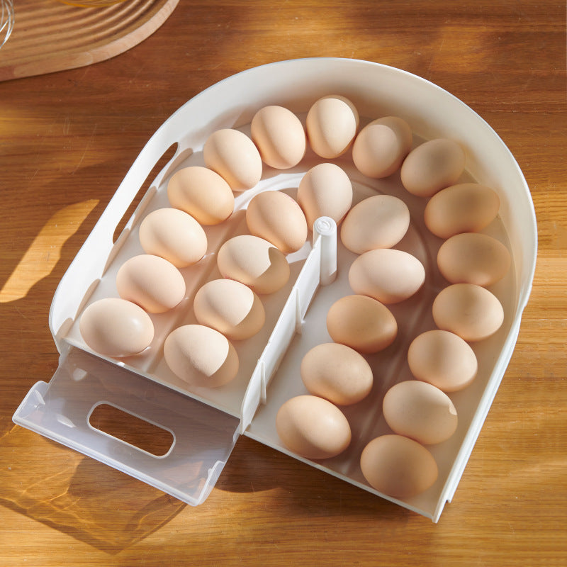 Stackable U-shaped egg storage box with multi-layer kitchen organizer design.