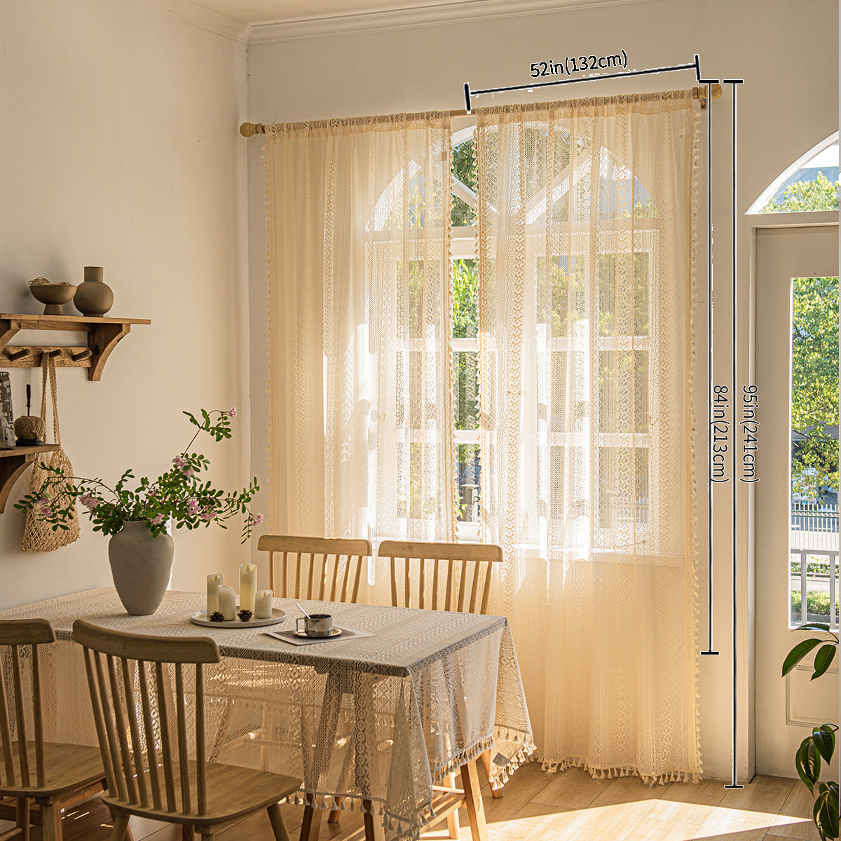 Wood color lace curtain hanging as window screen in a cozy living room

