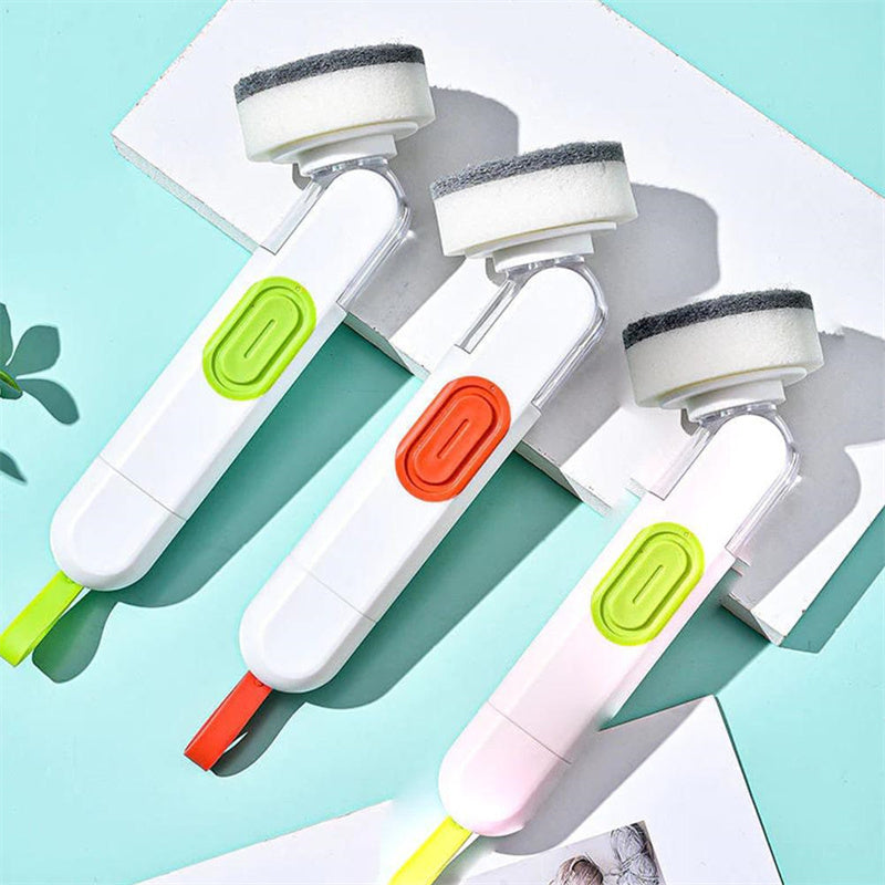 Multi-functional kitchen cleaning brush with long handle and liquid dispenser.