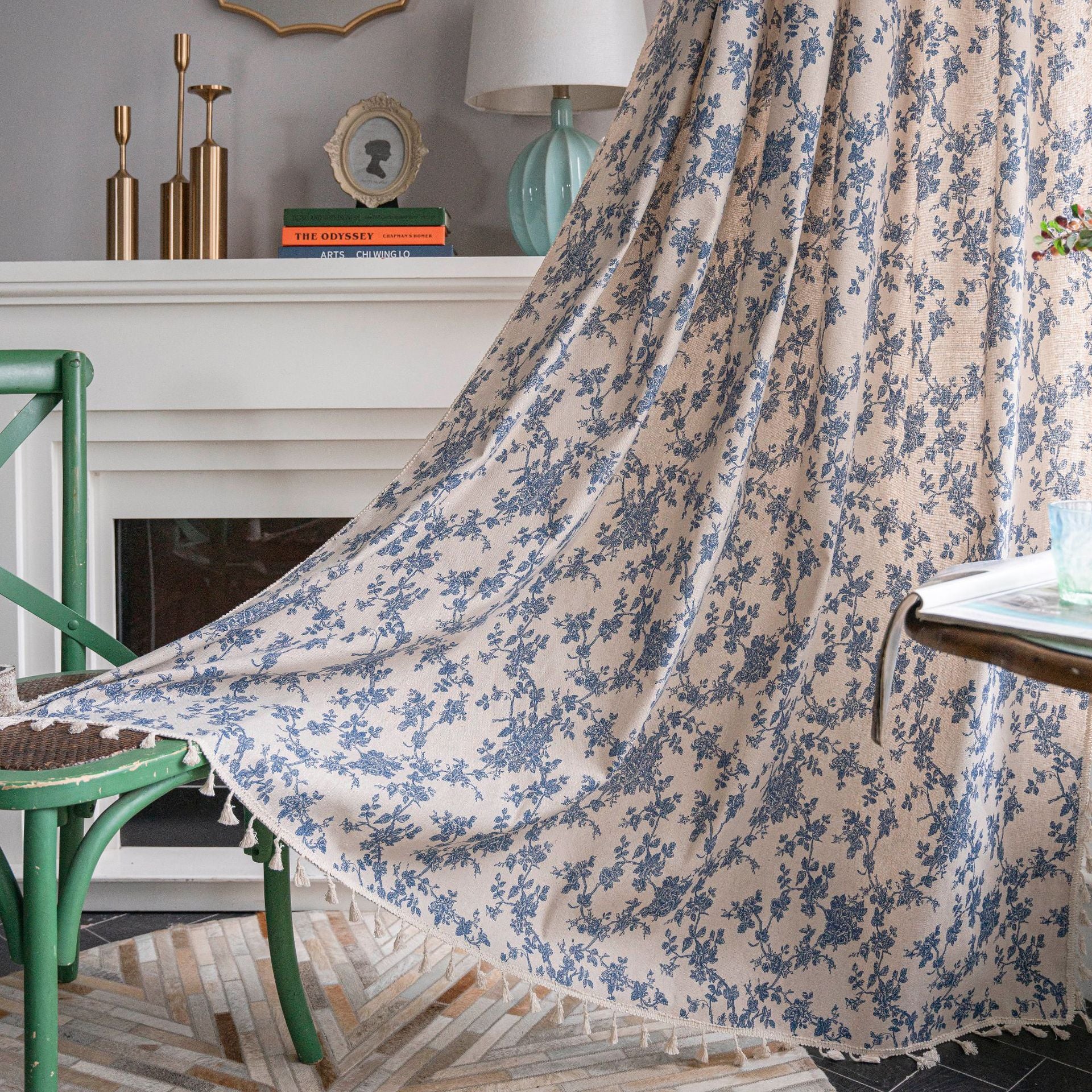 Cotton & Linen Printed Kitchen Curtain with Beige Tassels – Half Shade for Small & Bay Windows - AVENWU