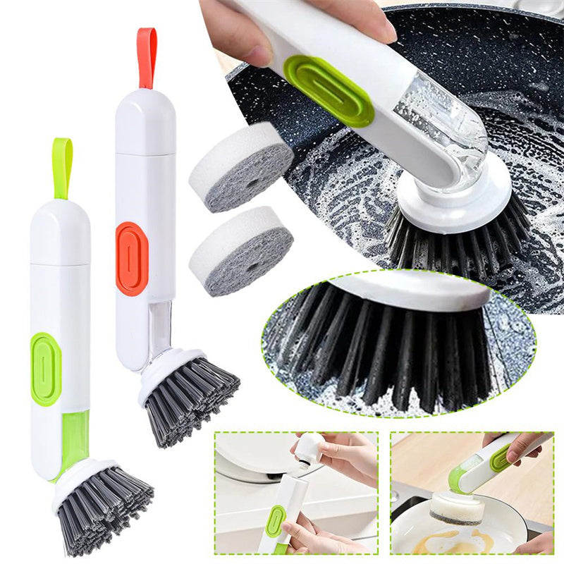 Multi-functional kitchen cleaning brush with long handle and liquid dispenser.