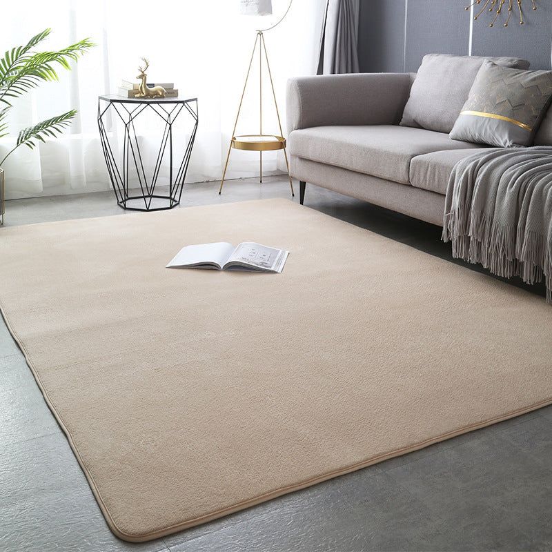 Modern minimalist coral fleece carpet in a bright living room with neutral-toned furniture and natural light

