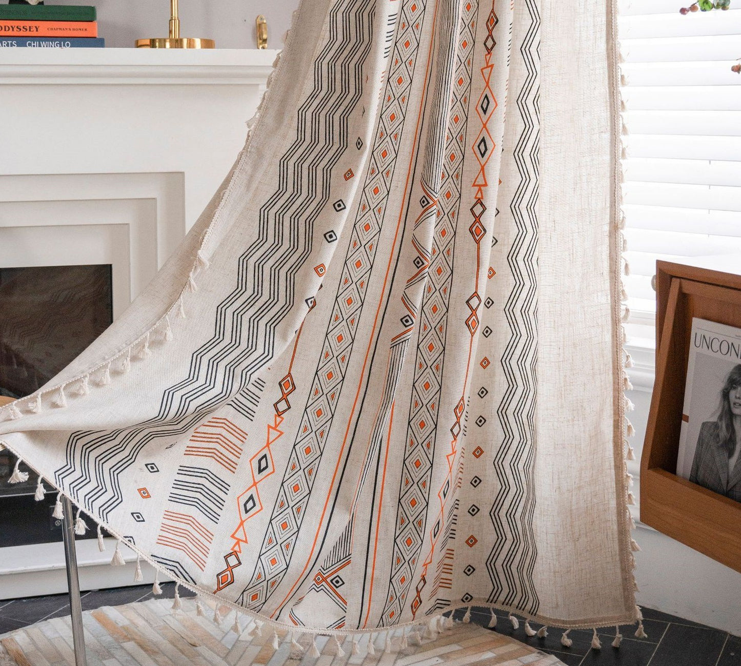 Boho cream cotton and linen sun shade curtain fabric for modern home décor.