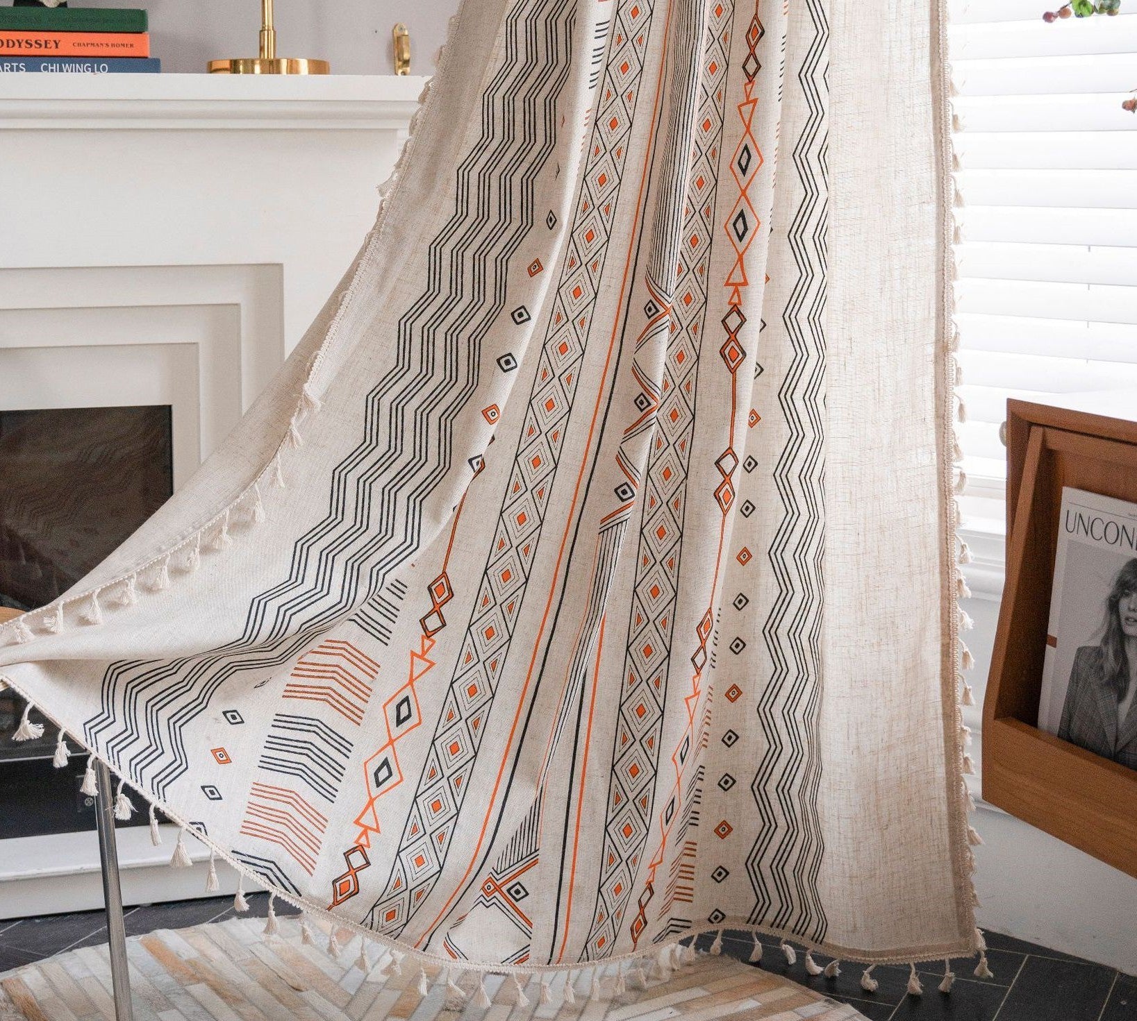 Boho cream cotton and linen sun shade curtain fabric for modern home décor.