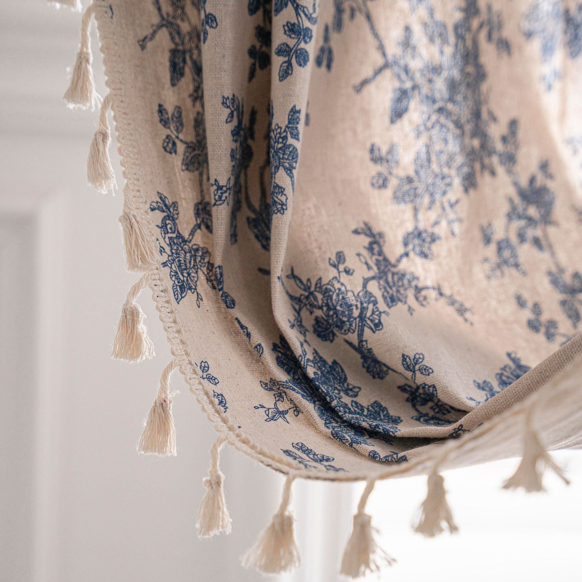 Cotton & Linen Printed Kitchen Curtain with Beige Tassels – Half Shade for Small & Bay Windows - AVENWU