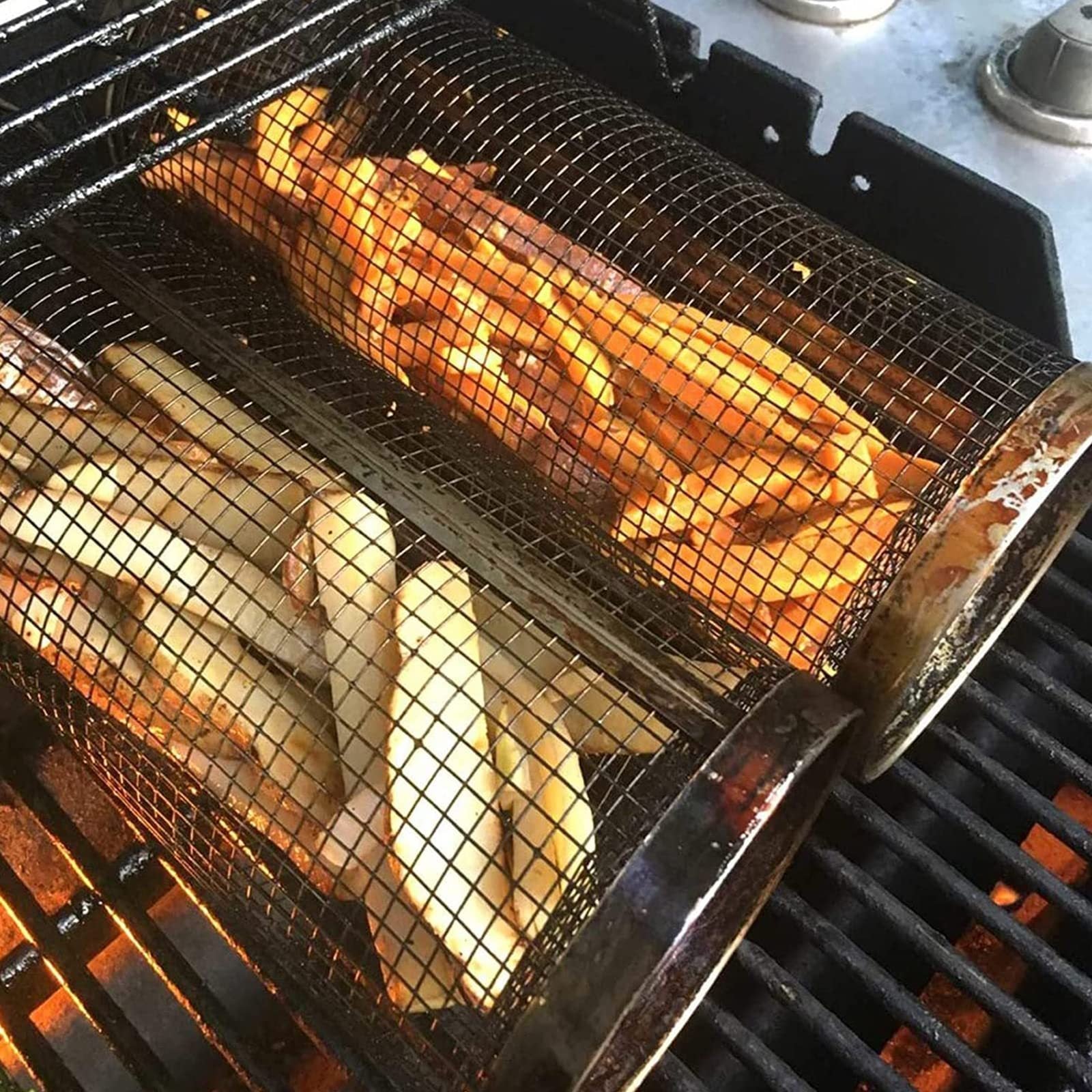Portable rolling grilling basket for BBQ and outdoor cooking.