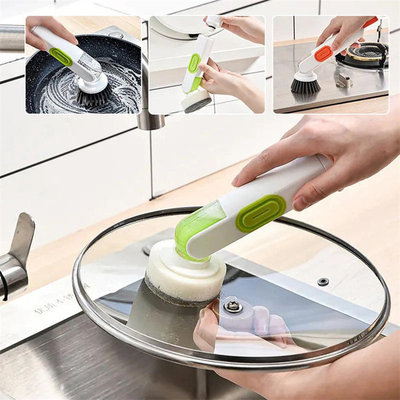 Multi-functional kitchen cleaning brush with long handle and liquid dispenser.
