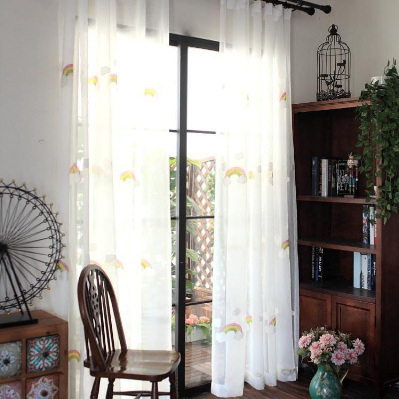 "Rainbow Gauze Window Curtains for Children – Soft Pastoral Embroidered Design" - AVENWU