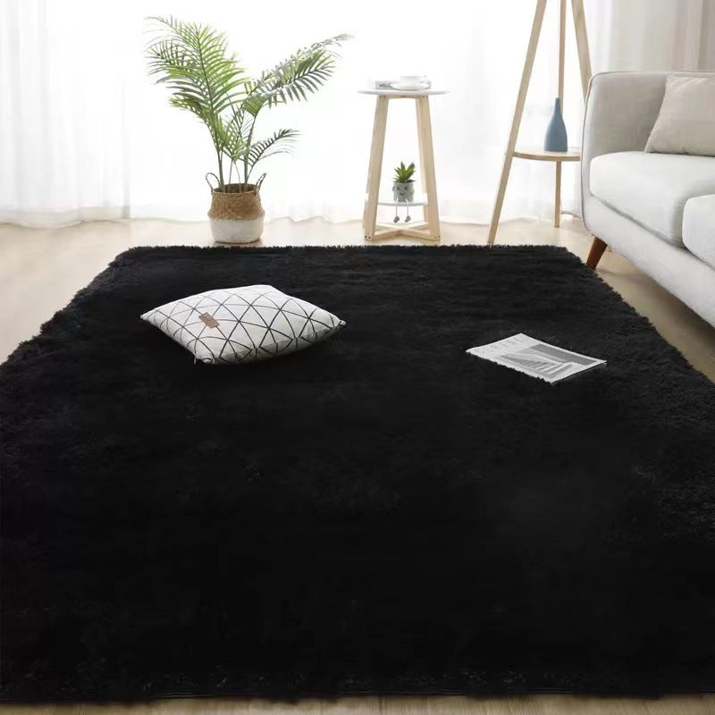 Nordic fluffy rectangle rug in white placed in a cozy living room with soft lighting


