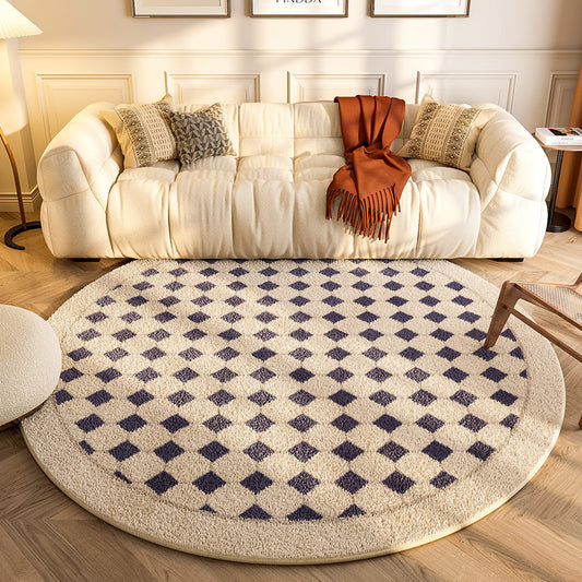 New round carpet placed in a modern living room under a coffee table with neutral décor

