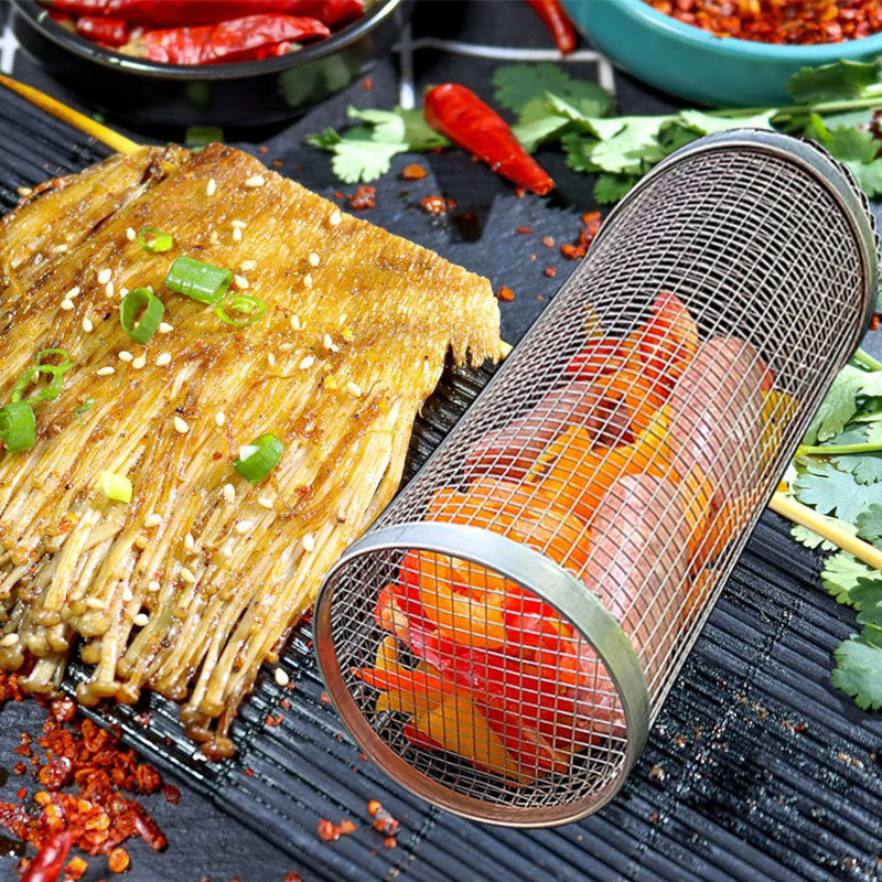Portable rolling grilling basket for BBQ and outdoor cooking.