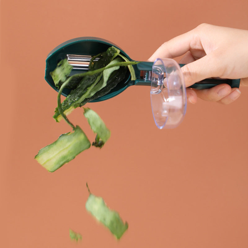 Premium fruit and potato peeler with storage lid for clean peeling.