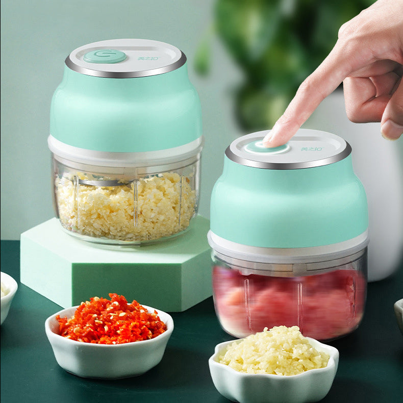 Portable electric mini garlic chopper and food grinder for quick cooking.